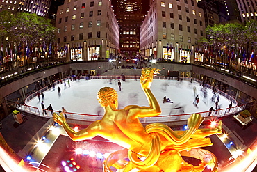 Ice Skating Rink below the Rockefeller Centre building on Fifth Avenue, New York City, New York, United States of America, North America