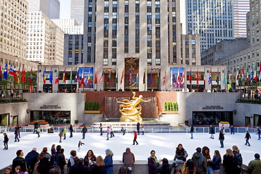 Ice Skating Rink below the Rockefeller Centre building on Fifth Avenue, New York City, New York, United States of America, North America