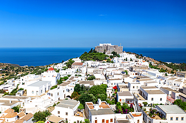 Aerial photo by drone of the Monastery of Saint John the Theologian, UNESCO World Heritage Site, Patmos Island, Greek Islands, Greece, Europe