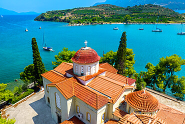 Ancient Epidaurus, Church of Agios Nikolaos and the beach, Peloponnese, Greece, Europe