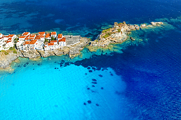 Aerial drone view of iconic and picturesque Andros (Chora) Andros Island, Cyclades, Greek Islands, Greece, Europe