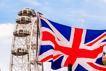 The London Eye (Millennium Wheel) and Union flag, London, England, United Kingdom, Europe