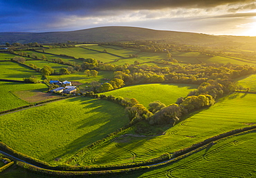 Aerial view by drone of evening sunlight across Livaton, Devon, England, United Kingdom, Europe