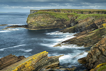 Dramatic layered cliffs at Burwick on South Ronaldsay, Orkney Islands, Scotland, United Kingdom, Europe