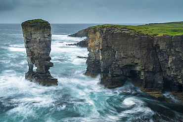 Yesnaby Castle sea stack and cliffs on the wild west coast of Orkney, Scotland, United Kingdom, Europe