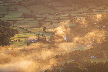 Mist floating over the Usk Valley at dawn, Brecon Beacons National Park, Powys, Wales, United Kingdom, Europe