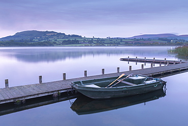 Tranquil dawn beside Llangorse Lake in the Brecon Beacons National Park, Powys, Wales, United Kingdom, Europe