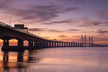 Sunset over the Prince of Wales Bridge in winter, Gloucestershire, England, United Kingdom, Europe