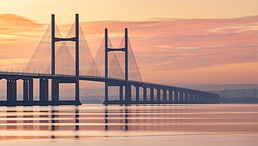 Prince of Wales Bridge spanning the River Severn at sunset in winter, Gloucestershire, England, United Kingdom, Europe