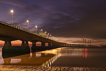 Twilight over an illuminated Prince of Wales Bridge, Gloucestershire, England, United Kingdom, Europe