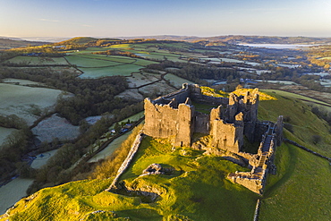 Aerial vista by drone of Carreg Cennen Castle, Brecon Beacons National Park, Carmarthenshire, Wales, United Kingdom, Europe