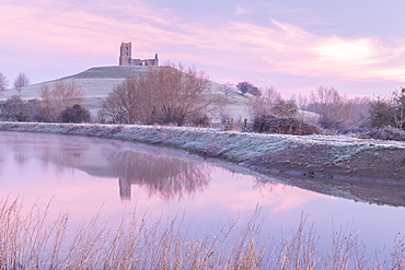 Burrow Mump Church at dawn on a frosty winter morning, Burrowbridge, Somerset, England, United Kingdom, Europe