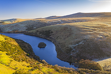 Aerial vista by drone in winter over Meldon Reservoir on Dartmoor, Devon, England, United Kingdom, Europe