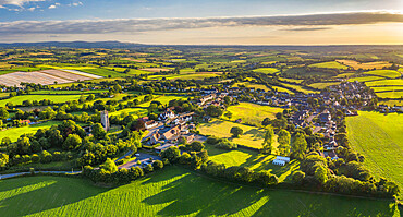 Aerial vista of the rural village of Morchard Bishop in summer, Devon, England, United Kingdom, Europe