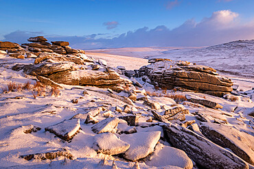 Snow covered granite outcrops on Great Staple Tor, Dartmoor National Park, Devon, England, United Kingdom, Europe