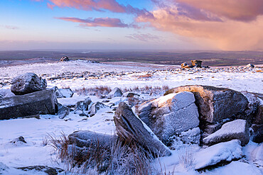 Snow covered granite outcrops on Great Staple Tor, Dartmoor National Park, Devon, England, United Kingdom, Europe