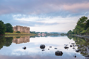 Carew Castle reflected in the mill pond at dawn, Pembrokeshire, Wales, United Kingdom, Europe