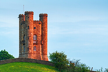 Late evening sunlight on Broadway Tower in the Cotswolds in spring, Gloucestershire, England, United Kingdom, Europe