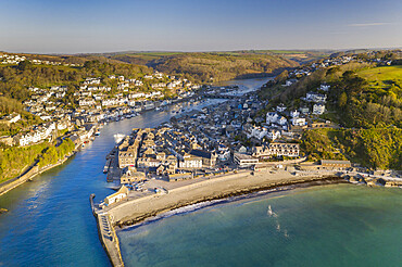 Aerial view of the beautiful Cornish fishing town of Looe on a sunny spring morning, Looe, Cornwall, England, United Kingdom, Europe