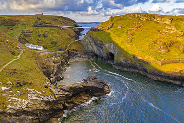 Aerial view of Tintagel Castle and bridge at dawn in spring, Cornwall, England, United Kingdom, Europe