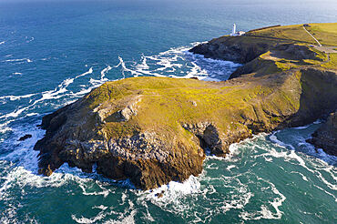 Aerial vista of Trevose Head and lighthouse, Cornwall, England, United Kingdom, Europe