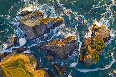 Aerial view of the Minnows islands near Porthcothan on the North coast of Cornwall, England, United Kingdom, Europe