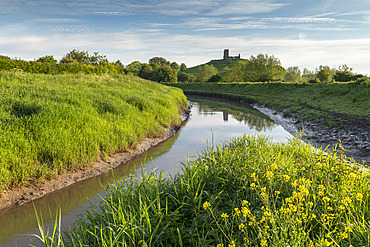 Burrow Mump and the River Parrett in spring, Burrow Bridge, Somerset, England, United Kingdom, Europe