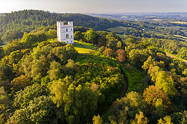 Aerial view of Haldon Belvedere Tower (Lawrence Castle) on a sunny late summer morning, Haldon, Devon, England, United Kingdom, Europe