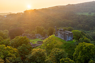 The ruins of Okehampton Castle at sunrise, Okehampton, Devon, England, United Kingdom, Europe