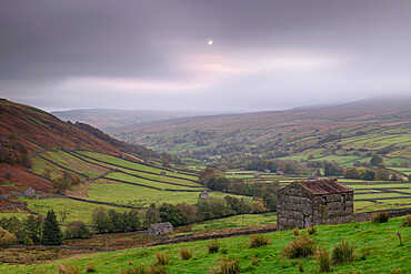 Moon rising above stone barns in Swaledale, Yorkshire Dales National Park, Thwaite, North Yorkshire, England, United Kingdom, Europe