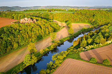 Aerial view of Goodrich Castle and the River Wye near Ross on Wye, Herefordshire, England, United Kingdom, Europe