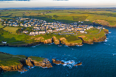 Aerial view of Port Isaac at dawn, Cornwall, England, United Kingdom, Europe