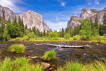 El Capitan and the Yosemite Valley from the Merced River at Valley View, Yosmeite National Park, UNESCO World Heritage Site, California, United States of America, North America