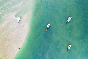 Aerial image of boats in the Camel Estuary near Rock, Cornwall, England, United Kingdom, Europe