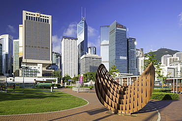 Skyscrapers and Tamar Park, Central, Hong Kong Island, Hong Kong, China, Asia