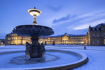 Schlossplatz (Castle Square) and Neues Schloss (New Castle) at dawn, Stuttgart, Baden-Wurttemberg, Germany, Europe