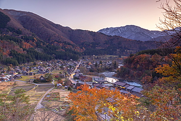 Elevated view of Ogimachi, UNESCO World Heritage Site, at dusk, Shirakawa-go, Toyama Prefecture, Honshu, Japan, Asia