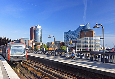 U-Bahn train coming into Baumwall station, Hamburg, Germany, Europe