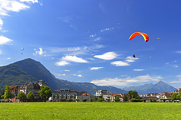 Paragliders over Hohematte Park, Interlaken, Canton of Bern, Switzerland