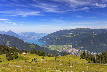 View of Interlaken and Lake Thun, Canton of Bern, Switzerland