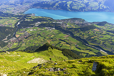 View of Thun and Lake Thun from Niesen mountain, Canton of Bern, Switzerland