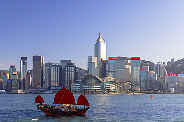 Junk boat and skyline of Hong Kong Island, Wan Chai, Hong Kong Island, Hong Kong