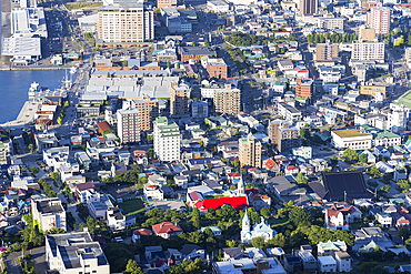 Aerial view of Motomachi and Kanemori Red Brick Warehouse District, Hakodate, Hokkaido, Japan