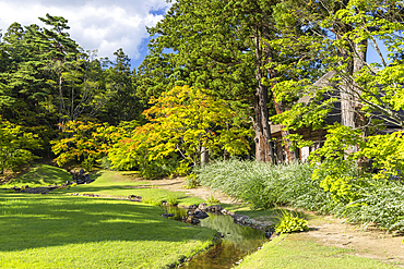 Garden and stream at Motsu-ji Temple Kaizando (UNESCO World Heritage Site), Hiraizumi, Iwate, Japan