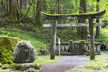Fertility stone and tori gate at Takino'o Shrine of Futarasan Temple (UNESCO World Heritage Site), Nikko, Tochigi, Japan