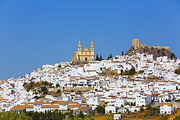 Nuestra Senora de la Encarnacion Church on the left and Arab Castle on the right, Olvera, Andalucia, Spain, Europe