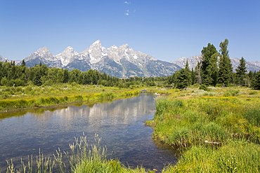 Teton Range from Schwabache Landing, Grand Teton National Park, Wyoming, United States of America, North America