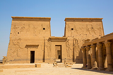 East Colonnade (right), The First Pylon, Temple of Isis, UNESCO World Heritage Site, Philae Island, Aswan, Nubia, Egypt, North Africa, Africa