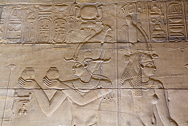 Reliefs in the Sanctuary, Temple of Isis, UNESCO World Heritage Site, Philae Island, Aswan, Nubia, Egypt, North Africa, Africa