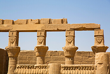 Goddess Hathor Columns, Vestibule of Nectanebo, Temple of Isis, UNESCO World Heritage Site, Philae Island, Aswan, Nubia, Egypt, North Africa, Africa